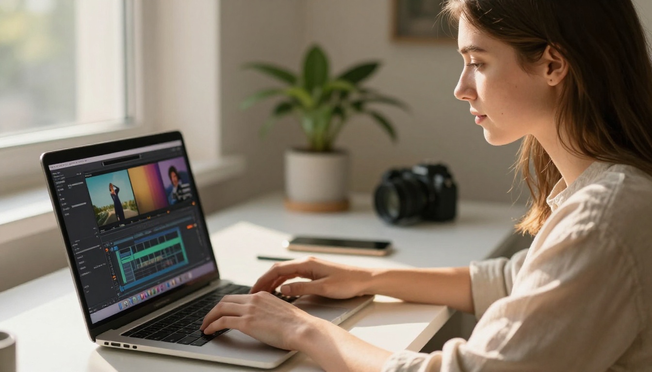 Woman focused on video editing at a minimal desk bathed in golden afternoon light Woman focused on video editing at a minimal desk bathed in golden afternoon light