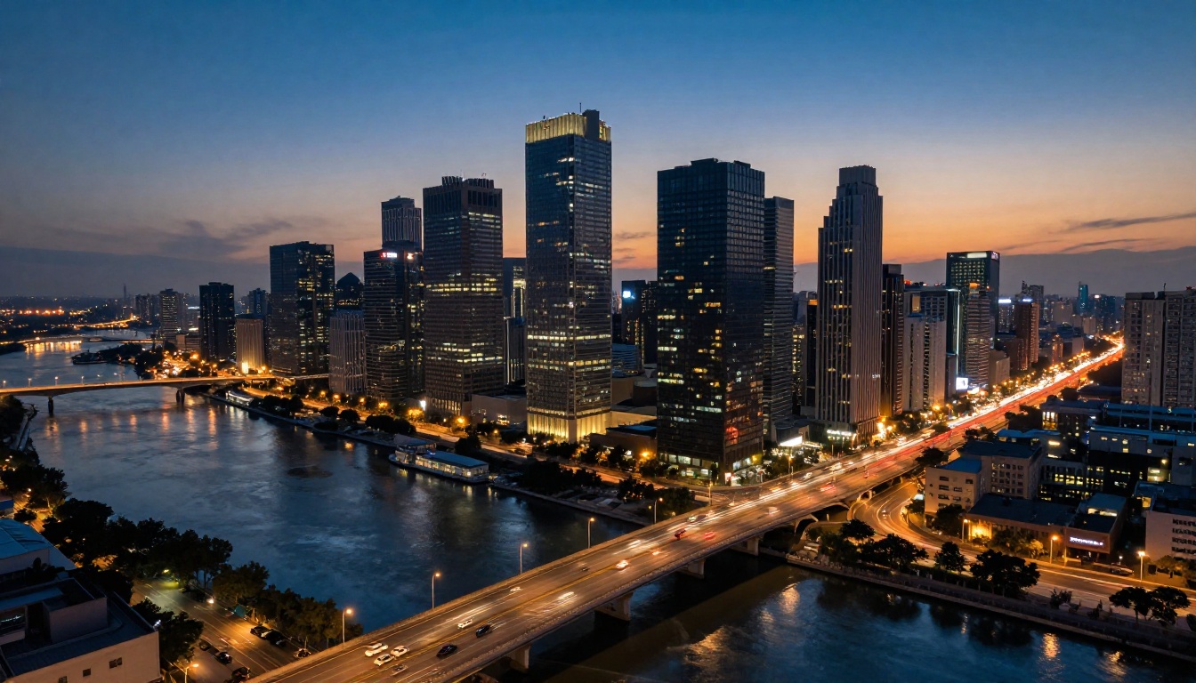 City skyline at blue hour dusk with glowing long-exposure light trails on elevated highways City skyline at blue hour dusk with glowing long-exposure light trails on elevated highways
