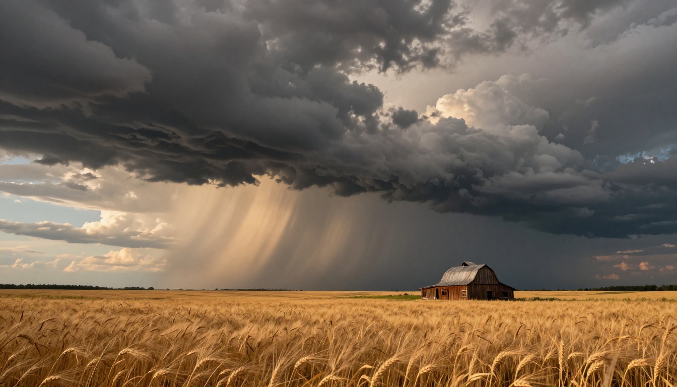 Massive storm clouds rolling over golden wheat fields in dramatic afternoon light Massive storm clouds rolling over golden wheat fields in dramatic afternoon light