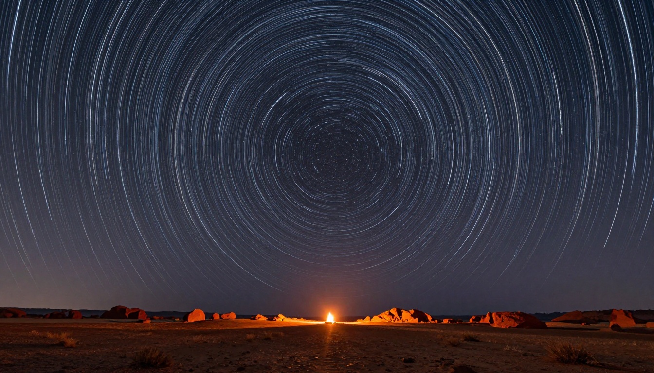 Star trails arcing in concentric circles over dark desert mesa and red rock formations Star trails arcing in concentric circles over dark desert mesa and red rock formations