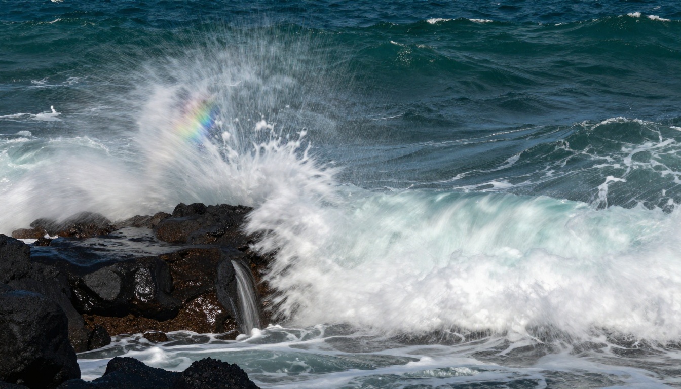 Ocean waves breaking over volcanic rocks with silky long-exposure foam and sea spray catching sunlight Ocean waves breaking over volcanic rocks with silky long-exposure foam and sea spray catching sunlight