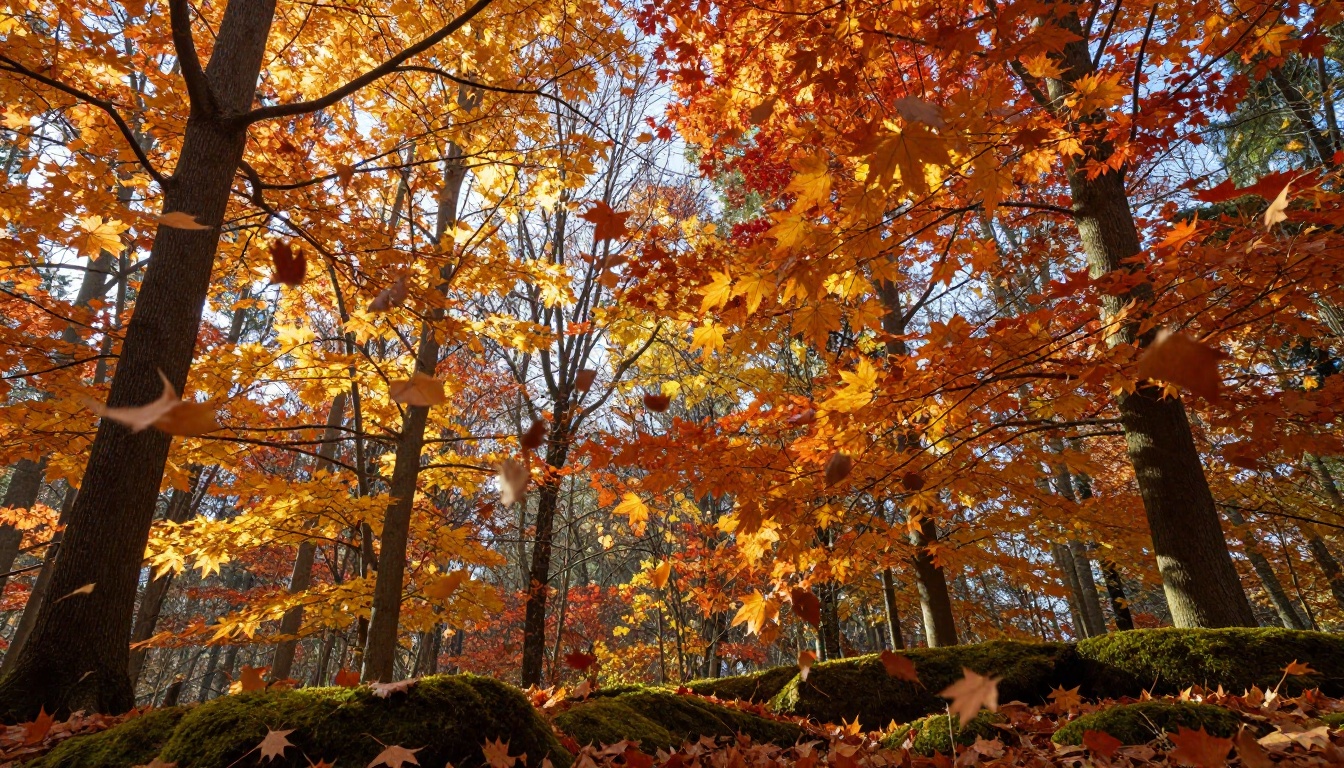 Dense autumn forest canopy from below with amber and crimson leaves caught mid-fall in motion blur Dense autumn forest canopy from below with amber and crimson leaves caught mid-fall in motion blur