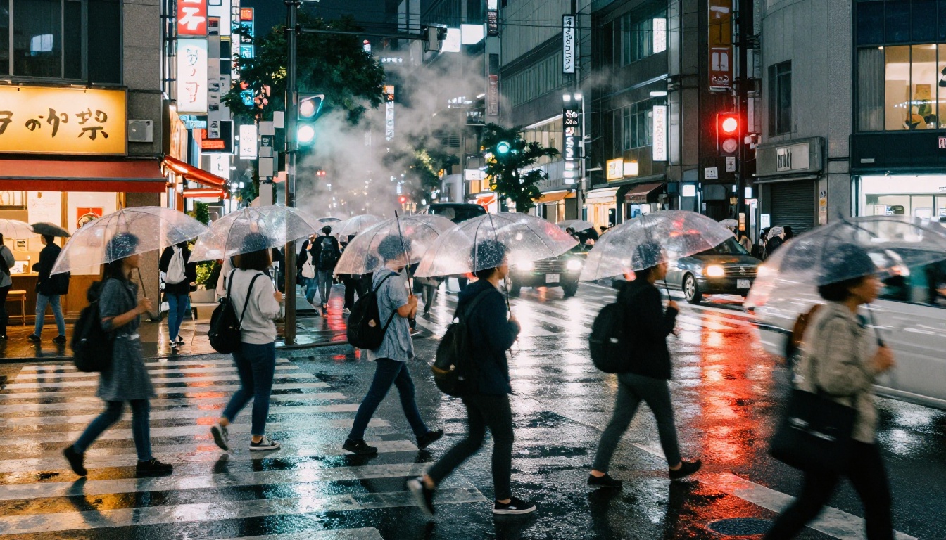 Busy Tokyo pedestrian crossing at night in rain, wet asphalt reflections and motion blur of crowds under umbrellas Busy Tokyo pedestrian crossing at night in rain, wet asphalt reflections and motion blur of crowds under umbrellas