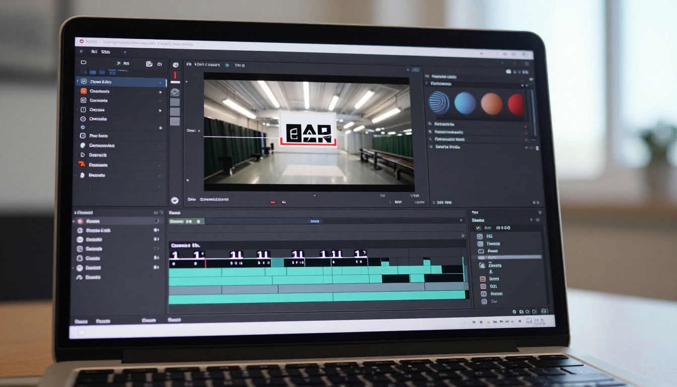 A laptop screen close-up showing a video editing timeline interface with a watermark selection box active