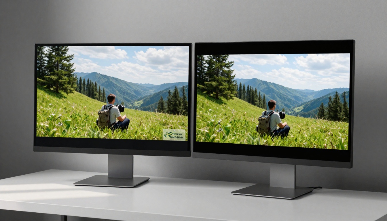 Split-screen monitor showing the before and after of AI watermark removal on outdoor travel footage