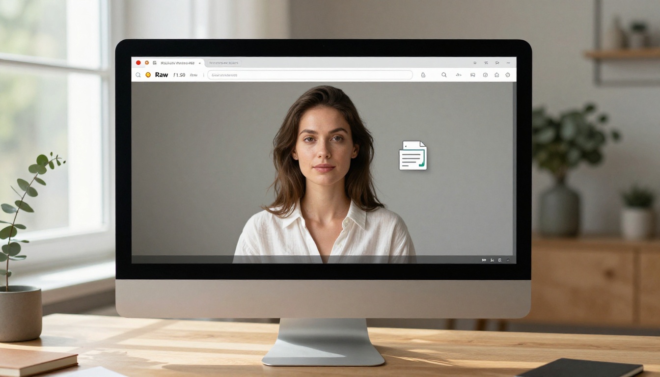 A woman uploading a video file on a bright iMac workstation with natural daylight