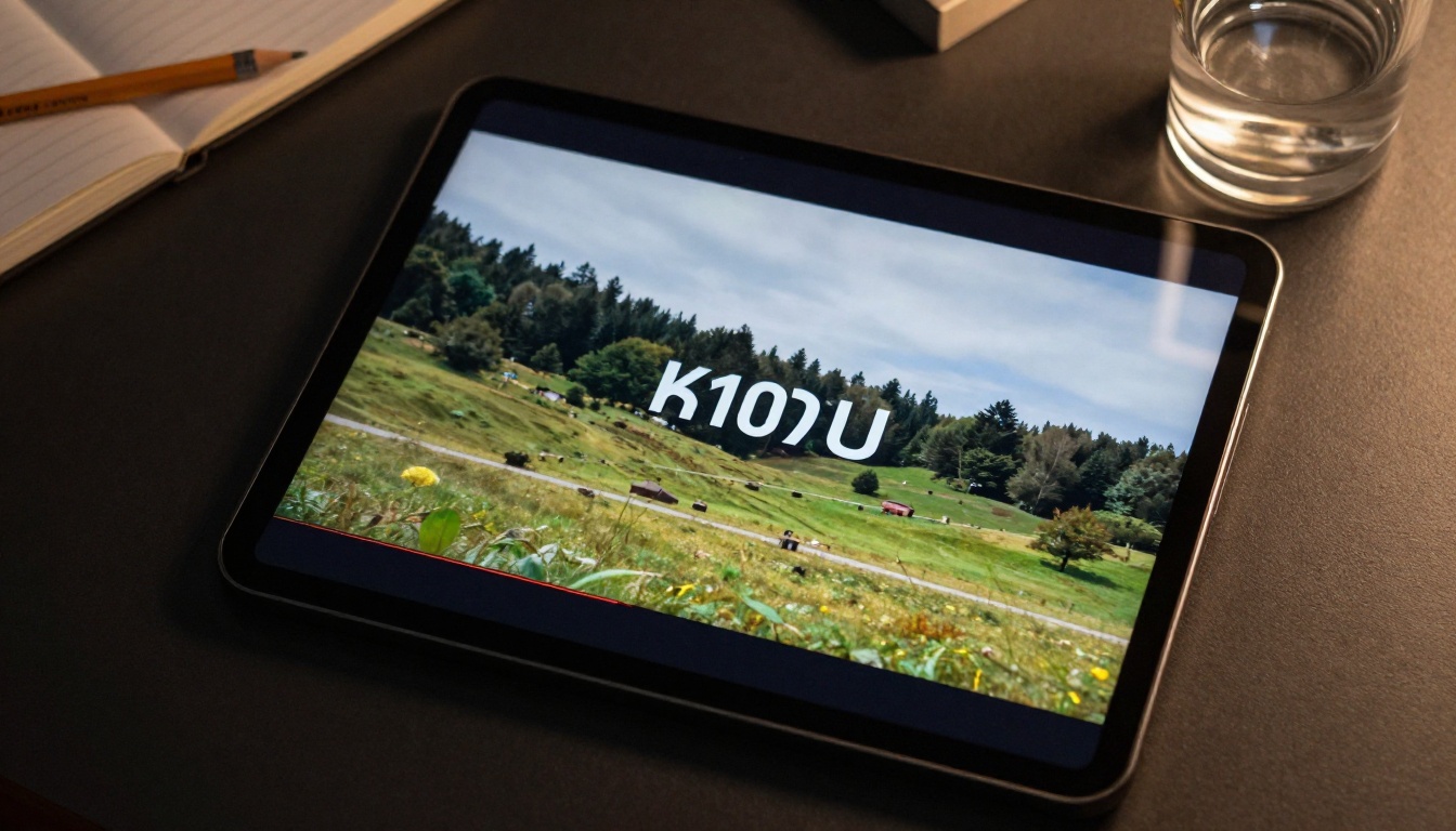 Tablet screen showing a video frame with a timestamp overlay mid-removal, seamless background inpainting visible