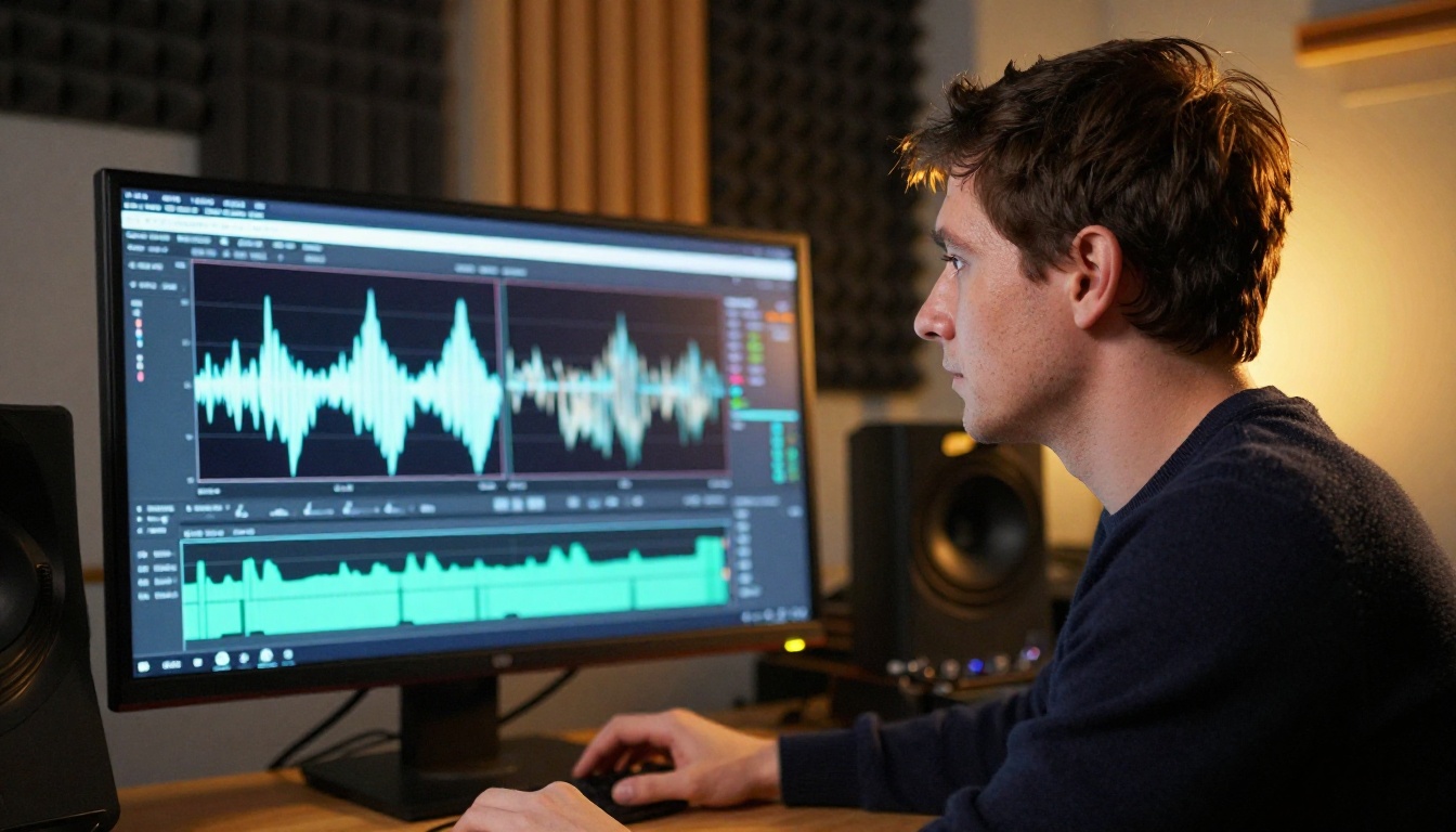 A filmmaker reviewing pristine clean footage on a large 32-inch color-accurate studio monitor