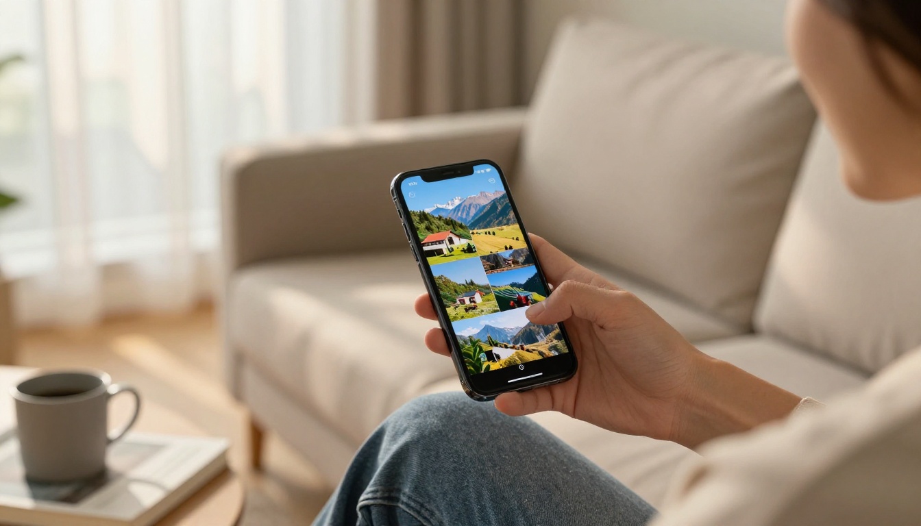 A person on a sofa watching clean watermark-free travel video on a smartphone in warm afternoon light