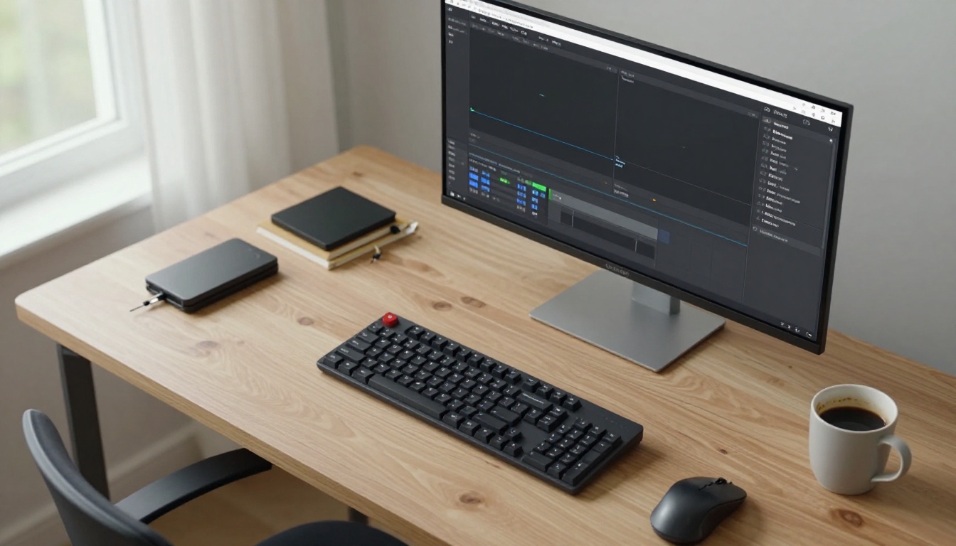 Aerial top-down view of a creator workstation with a 4K video export settings dialog on the monitor