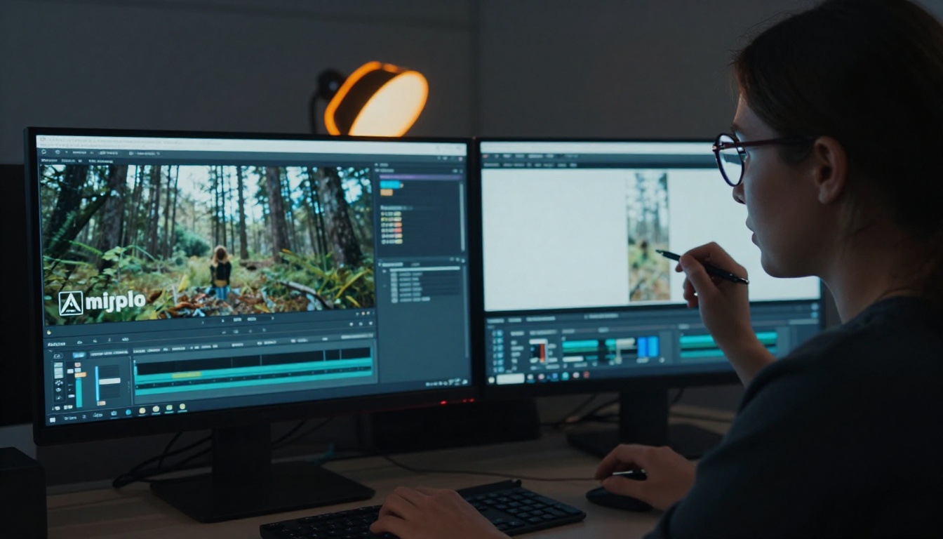 A focused woman comparing watermarked vs clean video on dual monitors in a dark professional editing suite