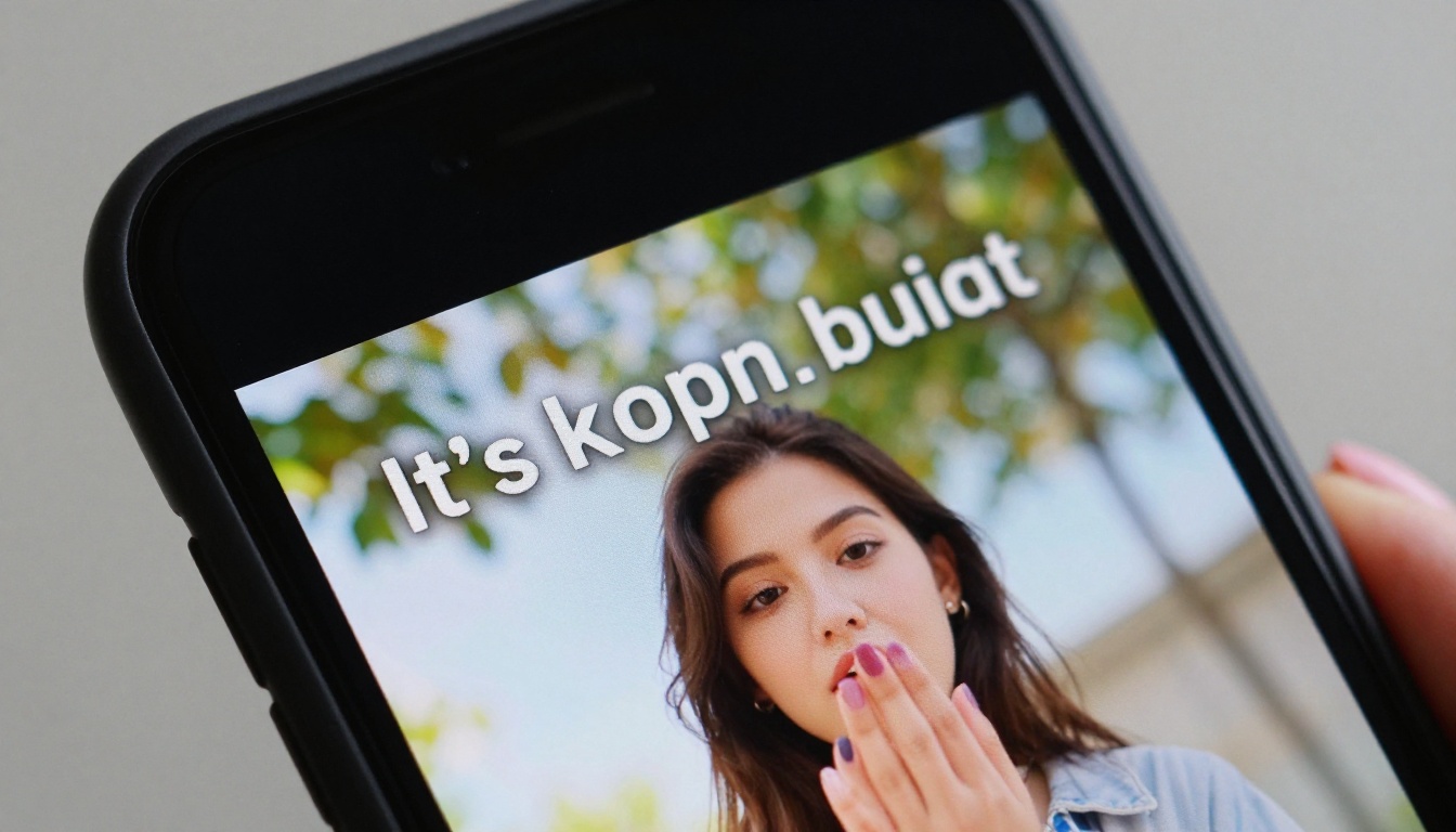 Smartphone close-up showing video with bold subtitle captions