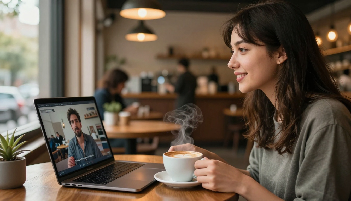 Woman watching video on laptop at coffee shop