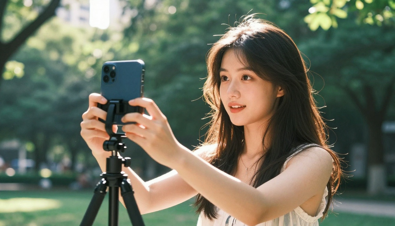 Social media creator recording outdoors in natural sunlight