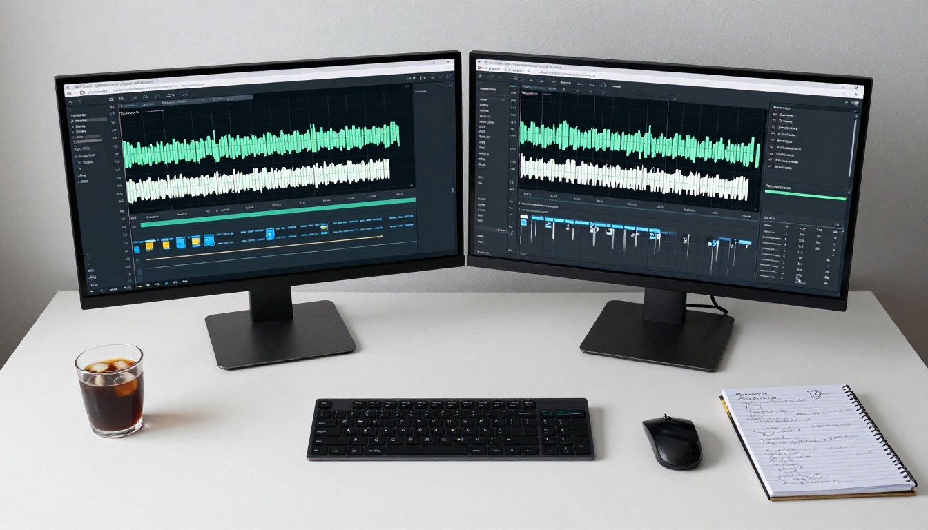 Aerial view of video editing workspace with dual monitors