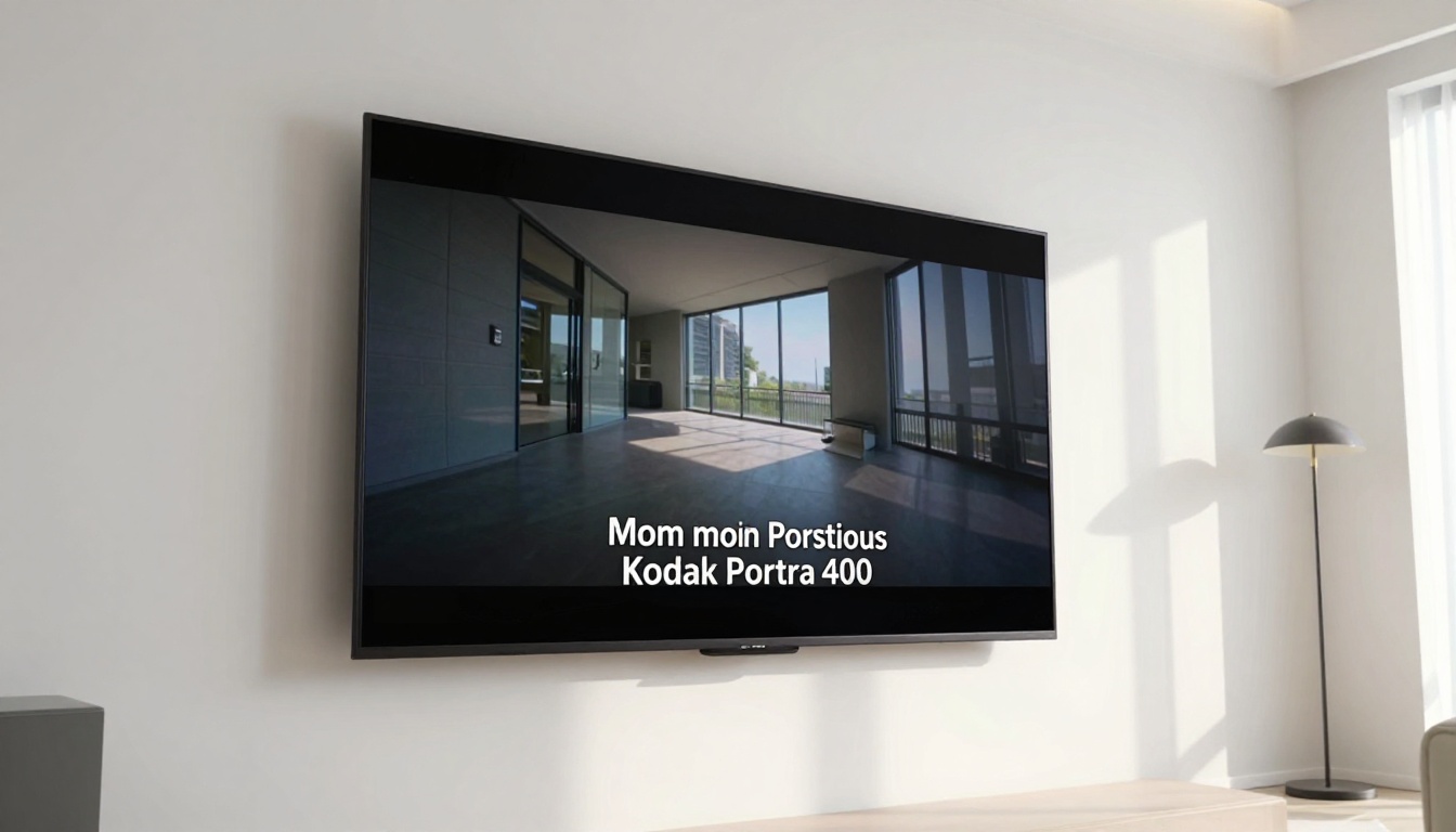 TV with subtitles displayed in modern living room
