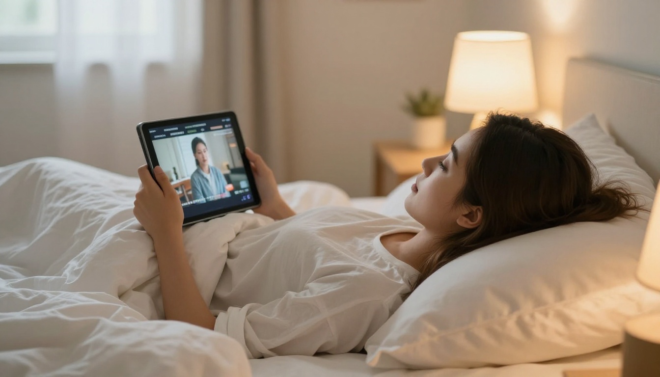 Young woman watching video on tablet in cozy bedroom