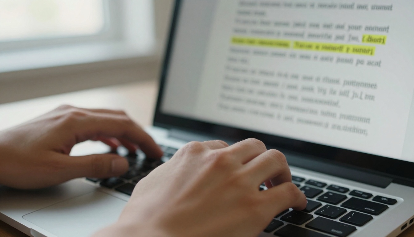 Close-up of hands typing transcript on laptop keyboard