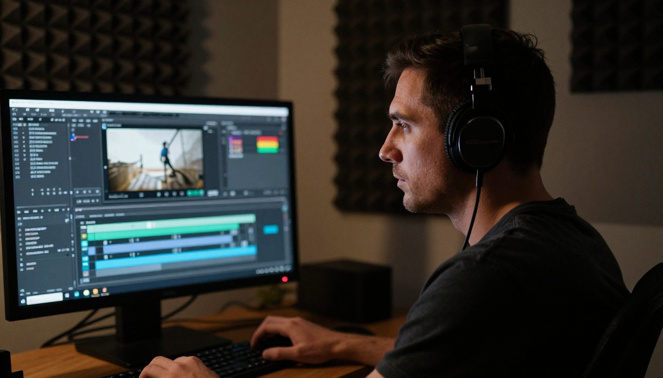 Man with headphones at professional video editing monitor