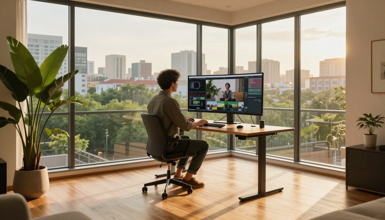 Wide home office with content creator at standing desk