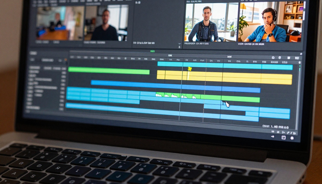 Video editing software timeline on a 4K monitor with color-coded tracks and cut points