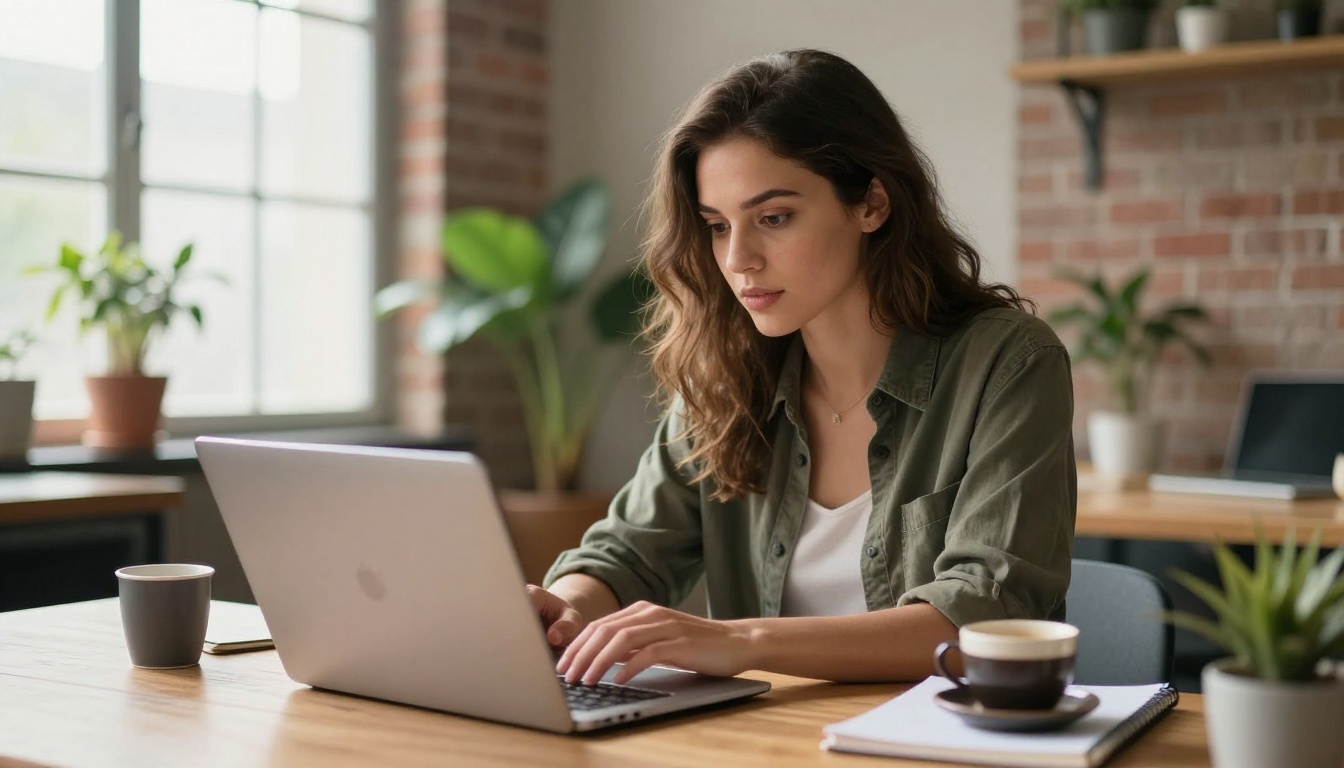 Young professional reviewing footage on a silver laptop at a bright creative studio
