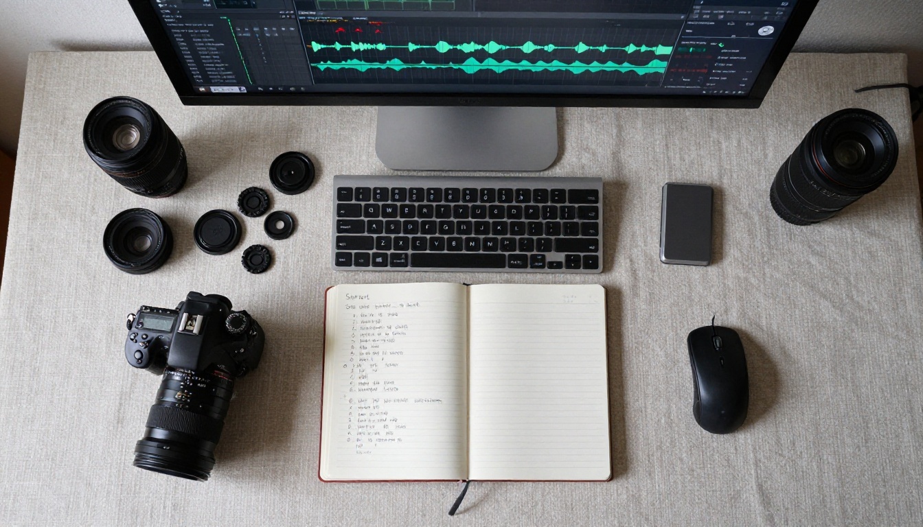 Filmmaker's desk overhead flat lay with camera body, notebook, keyboard, SSD drives, and monitor