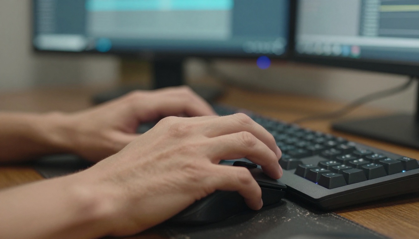 Close-up of hands on backlit mechanical keyboard with monitor glow illuminating finger texture