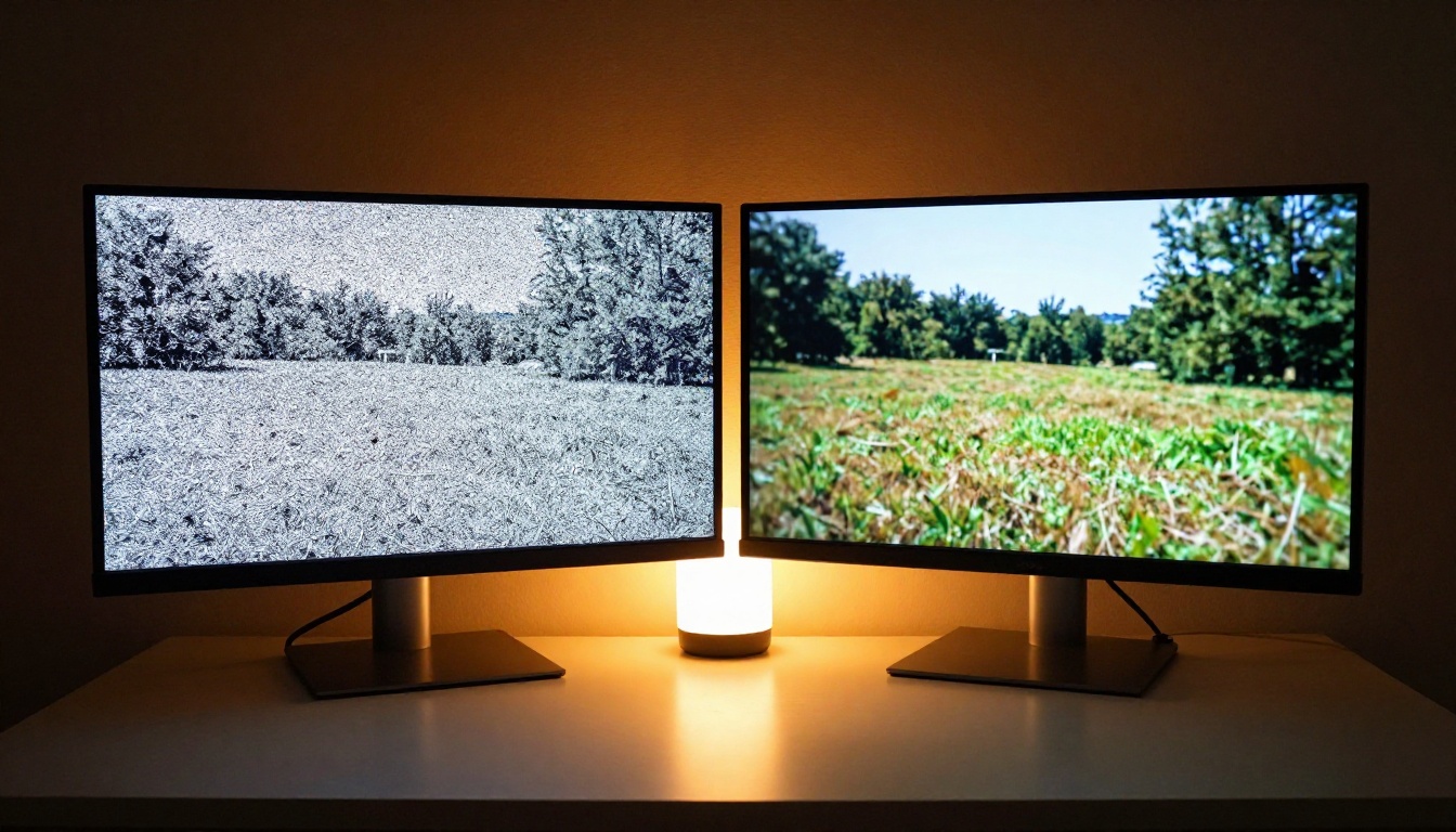 Two monitors side by side showing before and after video quality comparison with sharp 4K output