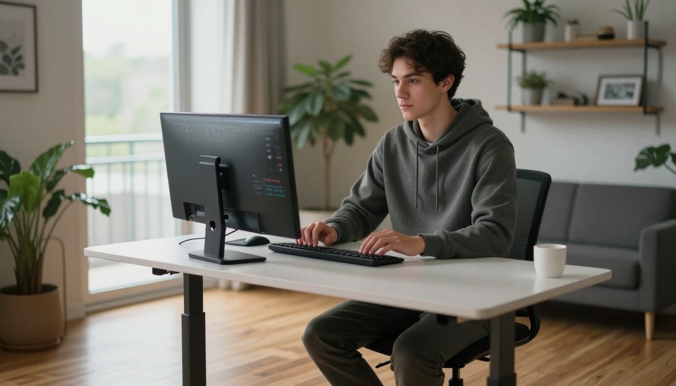 Content creator at standing desk editing social media videos on a large monitor in a modern apartment