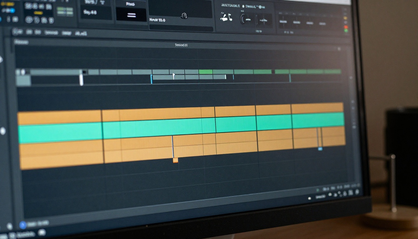 Close-up detail of color-coded video editing timeline on monitor with amber, teal, and green tracks