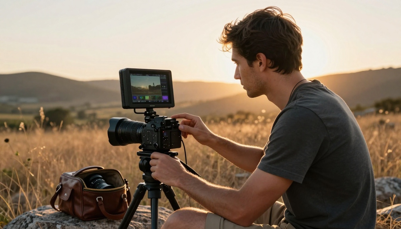 Videographer outdoors at golden hour on rocky terrain reviewing footage on a professional field monitor
