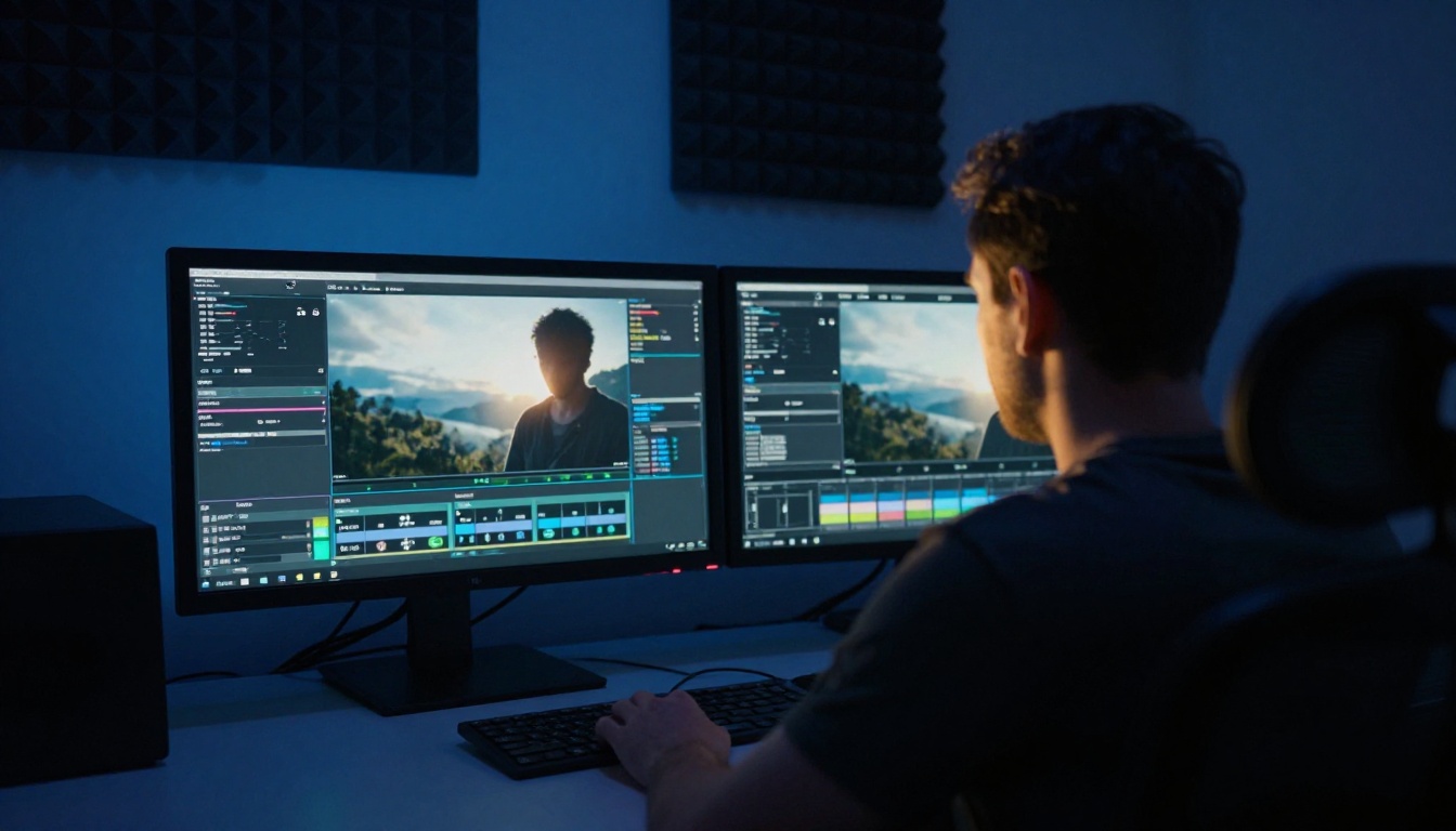 Behind-the-shoulder shot of video editor in dark editing suite with dual monitor glow reflecting on shoulders
