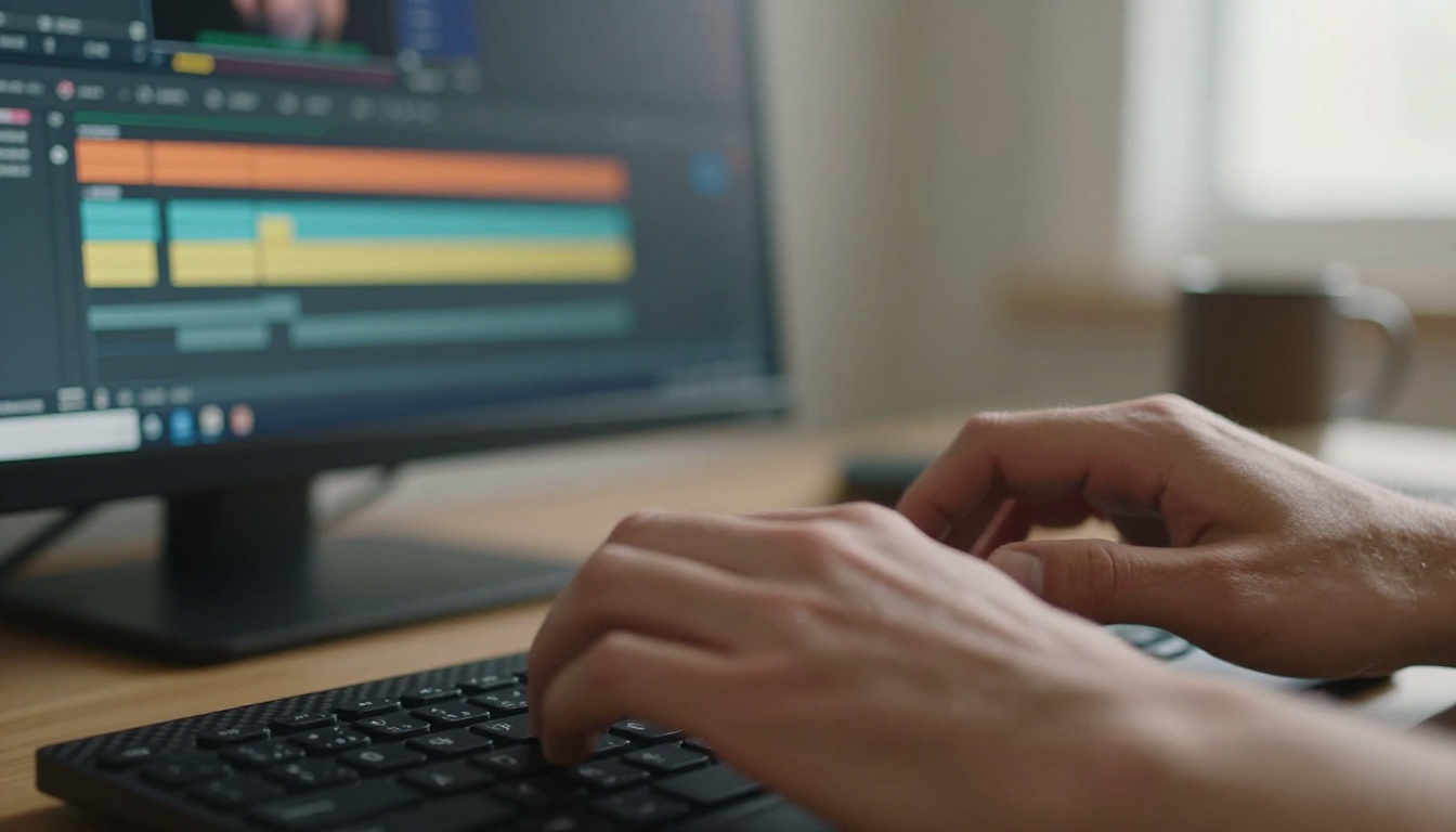Video editor reviewing timeline hands on keyboard close-up