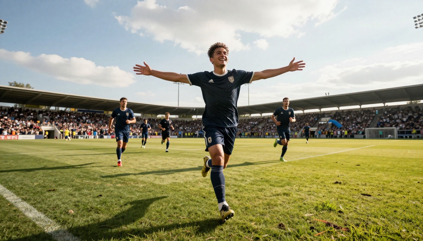 Soccer player celebrating a goal in a packed stadium low-angle shot