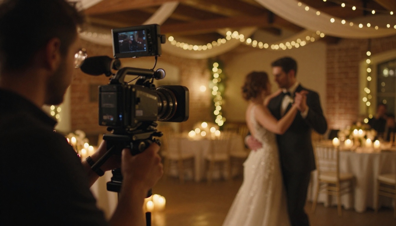 Wedding videographer capturing first dance with warm bokeh fairy lights