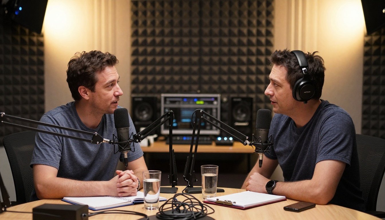 Two podcast hosts recording in a professional broadcast studio