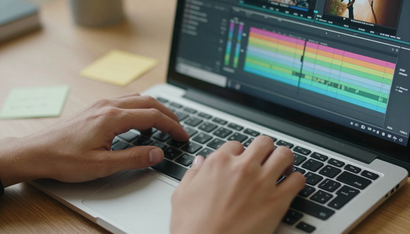 Content creator working at desk with keyboard and video editing software