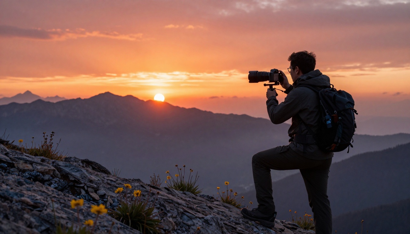 Travel creator filming a mountain sunset silhouette at golden hour