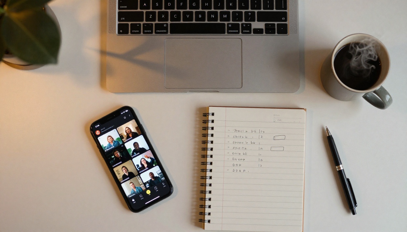 Overhead flat lay of content creator desk with video editing interface and smartphone