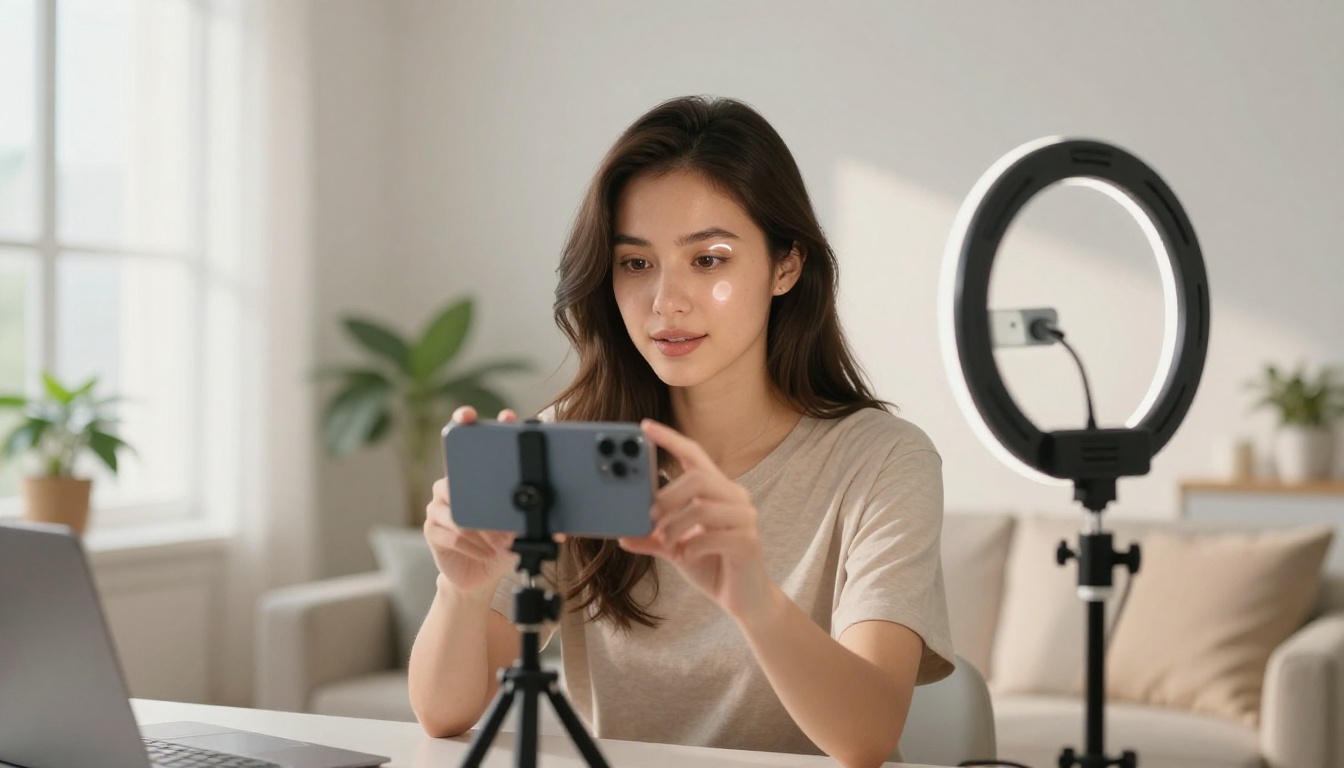 Social media creator filming at home studio with ring light