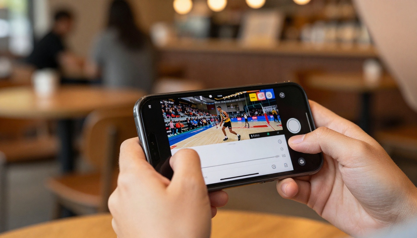 Person watching highlight reel on smartphone at a cafe