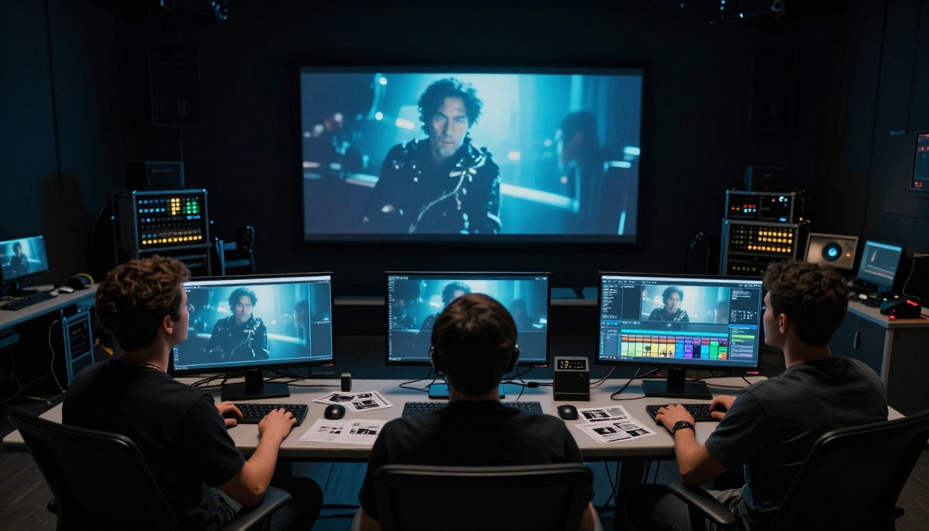 Video production team reviewing finished reel in cinematic dark edit suite