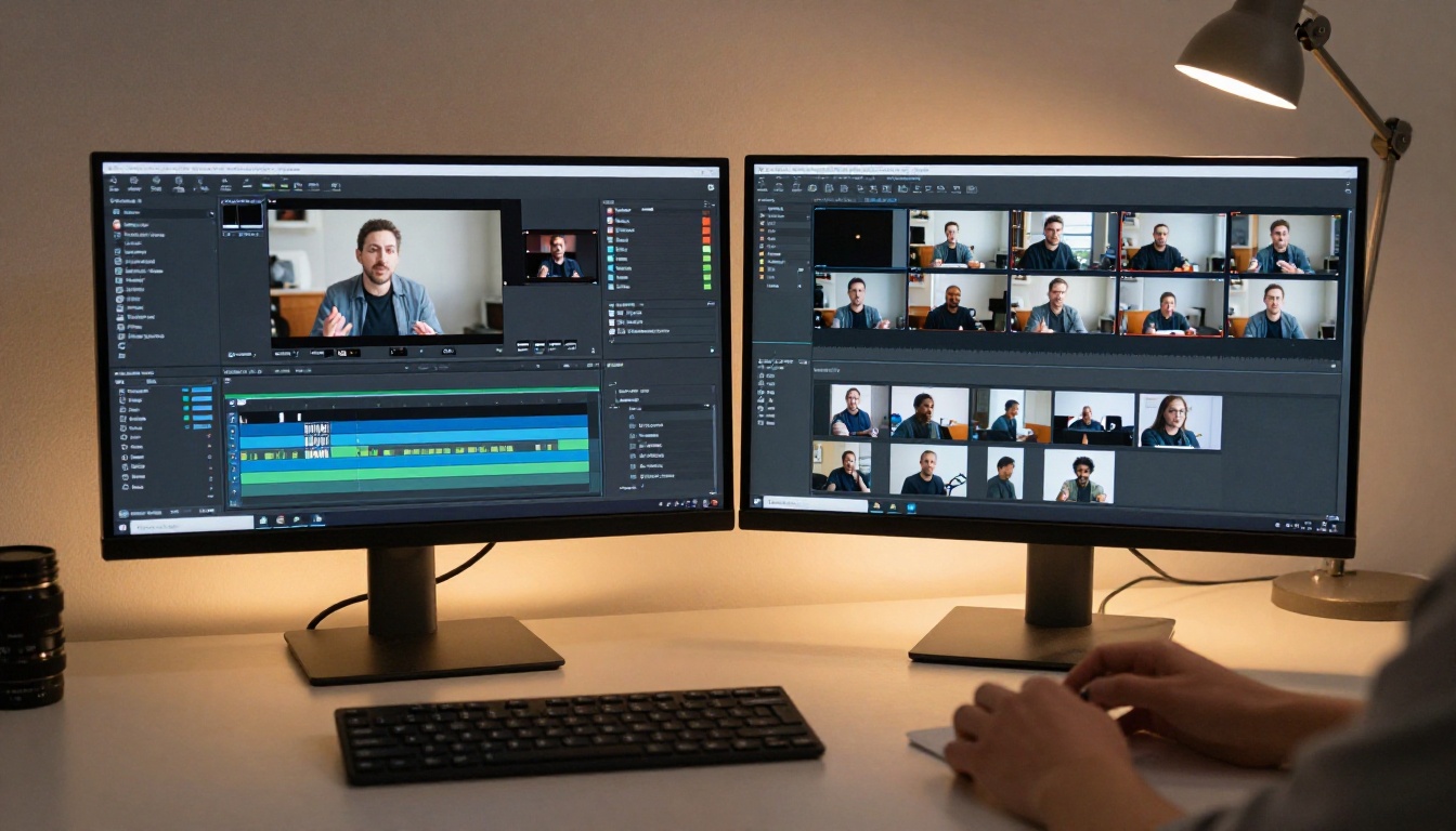 Dual monitors side by side showing before and after video editing workflow