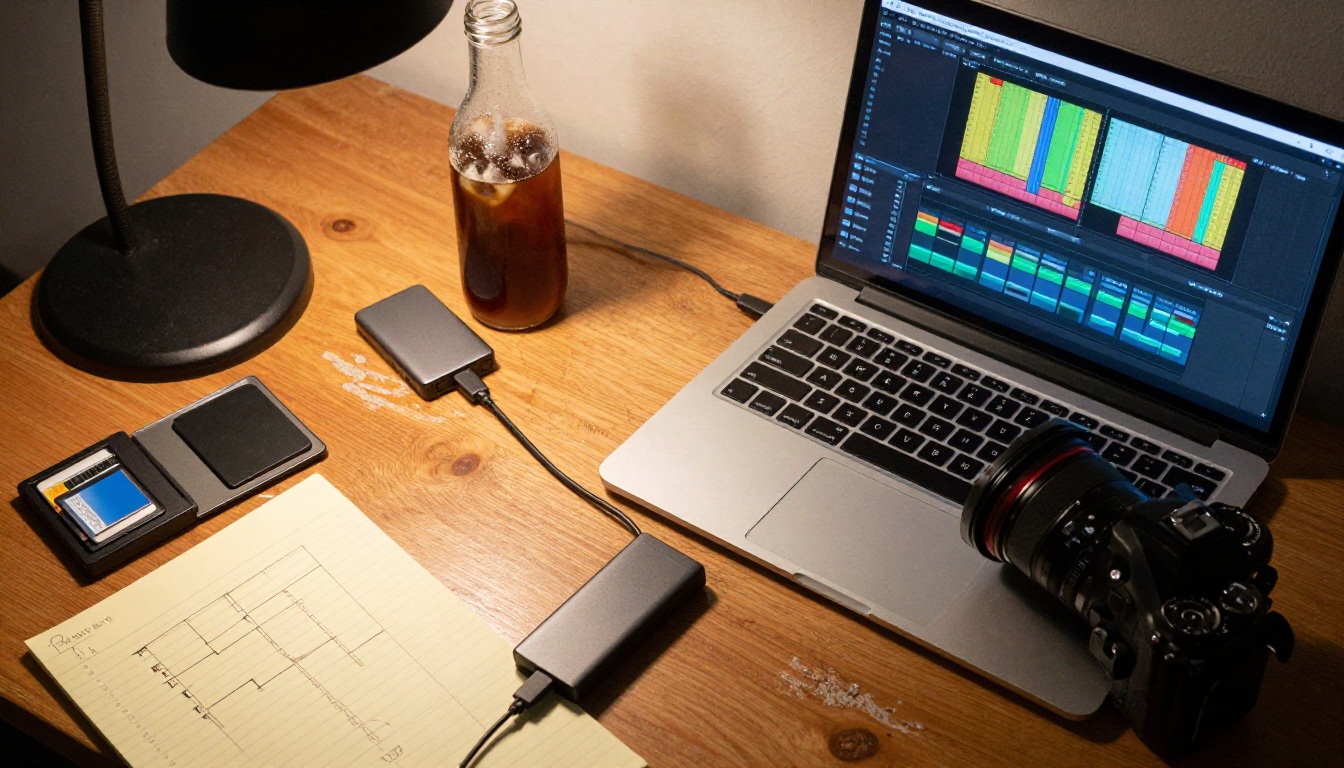 Video editor's desk overhead view with laptop timeline and camera equipment