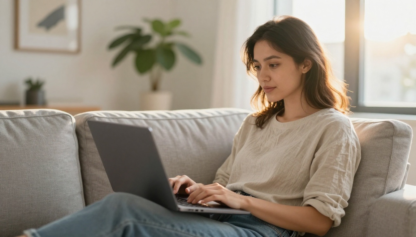 Young professional woman reviewing short clips on laptop at home on couch