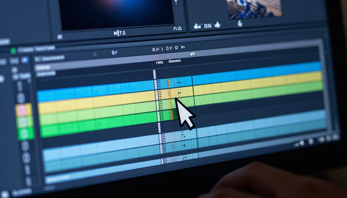 Close-up of a video editing timeline interface with color-coded clip segments and cut markers