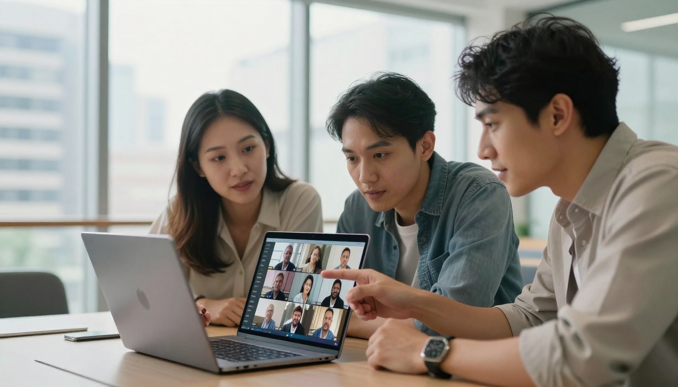 Three diverse colleagues gathered around a laptop reviewing short video clip results
