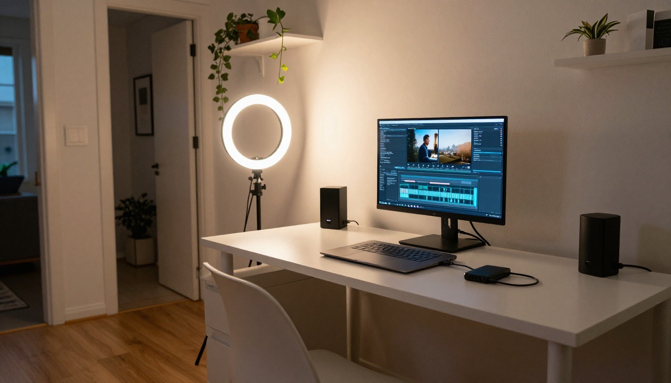 Modern minimal home studio setup for content creation with laptop and editing software open