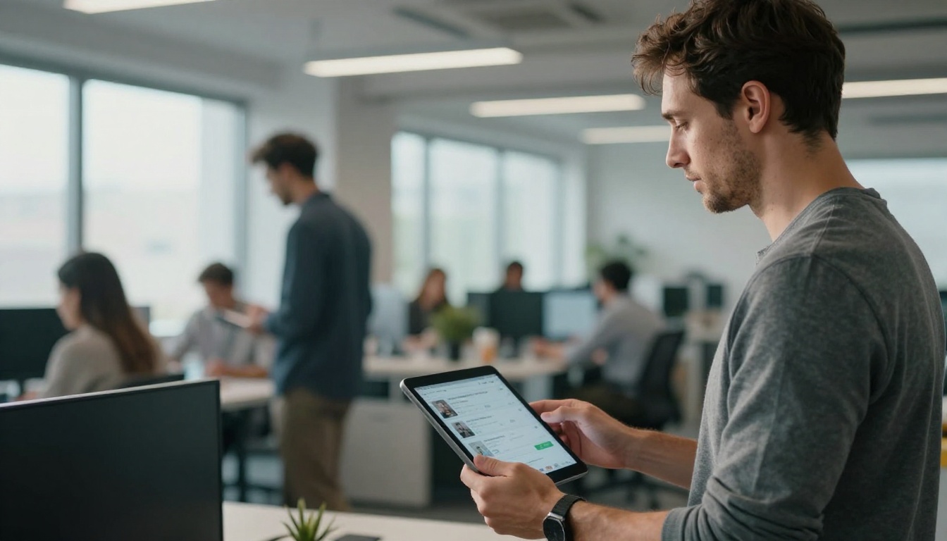 Man standing at standing desk reviewing video analytics on a tablet in a modern office